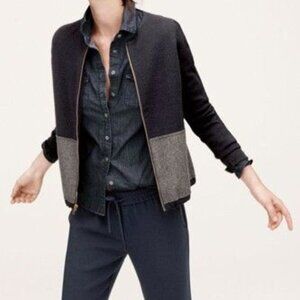 J. Crew Grey Navy Color Block Wool Bomber Jacket Sweater